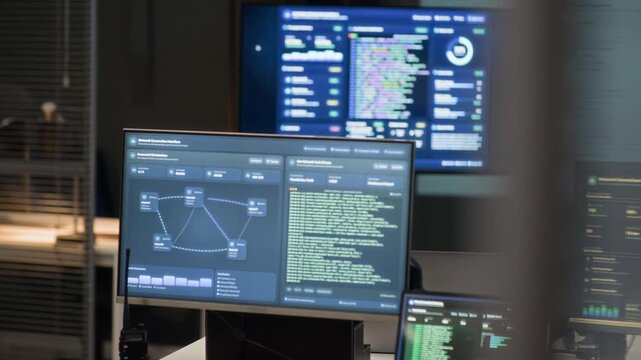 Handheld shot of multiple screens with programming codes and network analysis in modern control center, no people