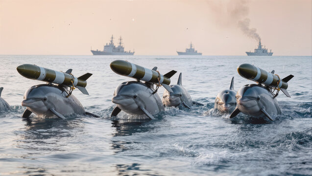 Bottlenose dolphins equipped with torpedoes swimming in formation toward naval warships. Concept of marine mammal program for maritime defense and underwater reconnaissance.