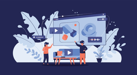 Fototapeta premium Two people wearing virtual reality headsets interact with a digital living room environment in a futuristic technology concept.