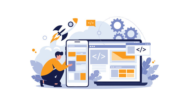 Innovative developer building a mobile app and website with coding elements and a rocket launch representing a successful project startup.