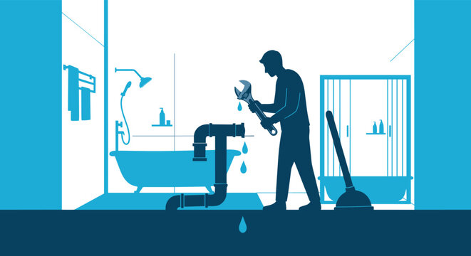 skilled plumber works on repairing a leaking pipe in a bathroom silhouette to stop water dripping and ensure proper home maintenance.