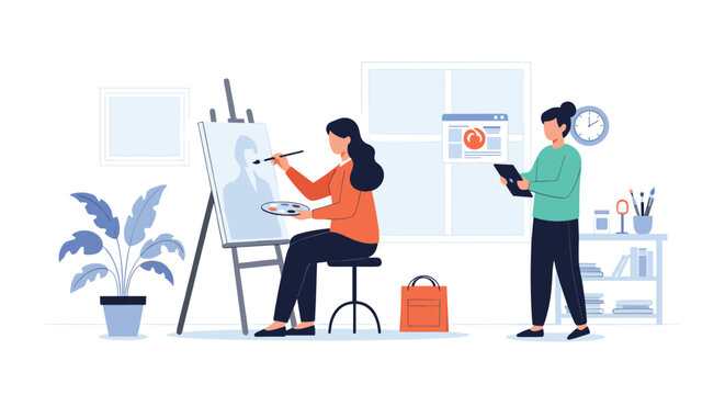 Professional artist painting portrait on canvas in studio while assistant uses tablet for reference and social media management.