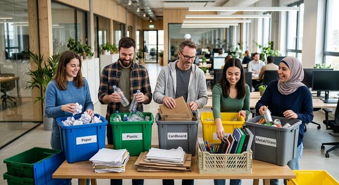 Office team sorting recyclables and reusable supplies together