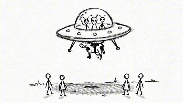 Animation of a UFO object sucking up a villager's cow