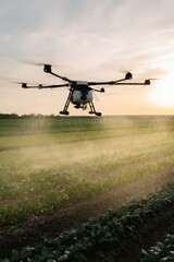 Fototapeta premium Agricultural drone hovering above planted rows during sunset light