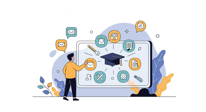 Male student interacts with a large digital screen for online learning featuring educational icons and a graduation cap symbol.