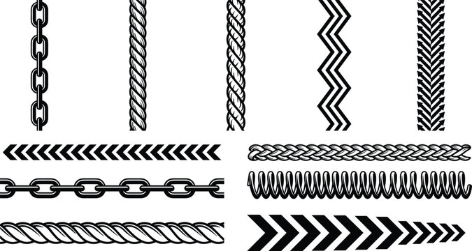 Decorative Rope, Chain and Chevron Border Pattern Collection Featuring Twisted Cords, Industrial Links and Geometric Trim Designs