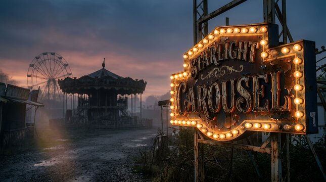 Abandoned carnival carousel illuminated by warm vintage bulbs during twilight foggy evening