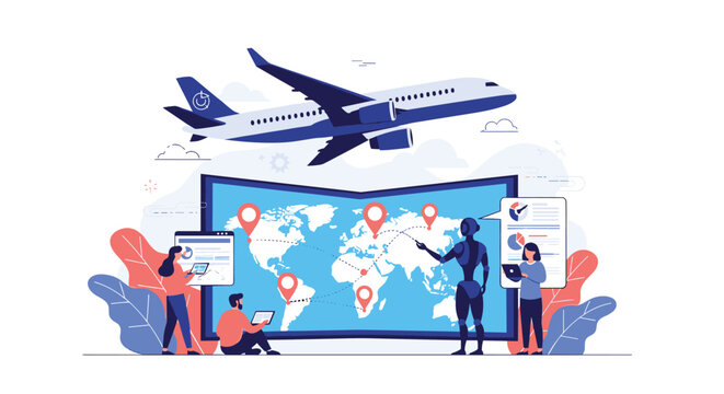 Travelers and a robot use a world map and artificial intelligence to plan a global flight trip with an airplane overhead.
