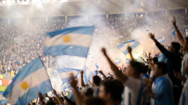 Argentina flags waving with fans in an intentionally blurred football stadium celebrating a soccer match victory for background design