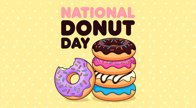 Colorful illustrated donuts with sprinkles and icing celebrating national donut day event