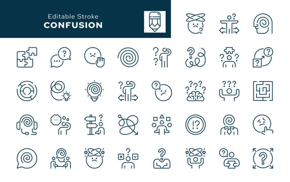 Confusion outline icons set. Labyrinth, confusion, disorder, question and more. Line icon in linear style. Vector collection	