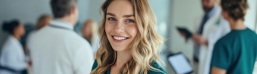 Fototapeta premium Female nurse smiling while standing in hospital corridor