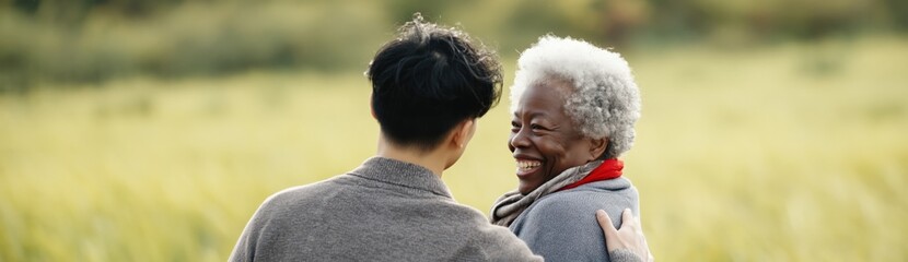 Fototapeta premium Young adult embracing elderly woman in grassy field