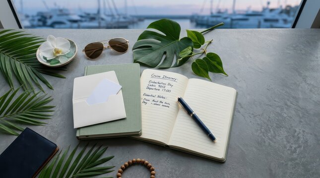 Cruise itinerary notebook with sunglasses and tropical leaves
