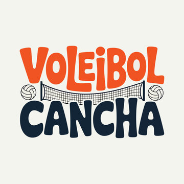 Volleyball cancha typography with volleyball net and balls, orange and dark blue sports