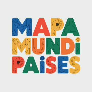 Mapa mundi paises text with colorful block letters containing thin black line map outlines countries