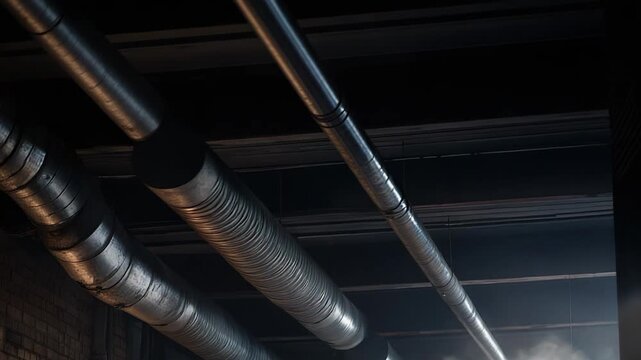 Industrial metal pipes creating a hazy atmosphere with steam and mist, highlighting infrastructure within a factory setting with a brick wall background