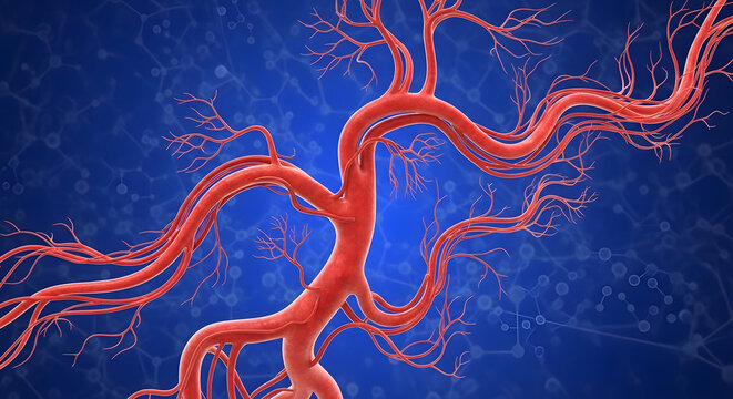 3D Red Blood Vessels Arteries Network Anatomy on Blue Background