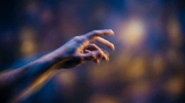Outstretched human hand reaching forward with blurred colorful background for connection concept