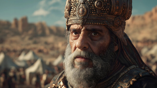 King Talut Saul wearing heavy golden armor and a royal crown, leading his army through a desert encampment with tents, religious history and ancient warfare concept.