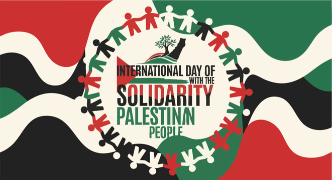 International Day of Solidarity with Palestine People colorful banner with hands in unity gesture in vibrant red green and black colors for awareness campaign