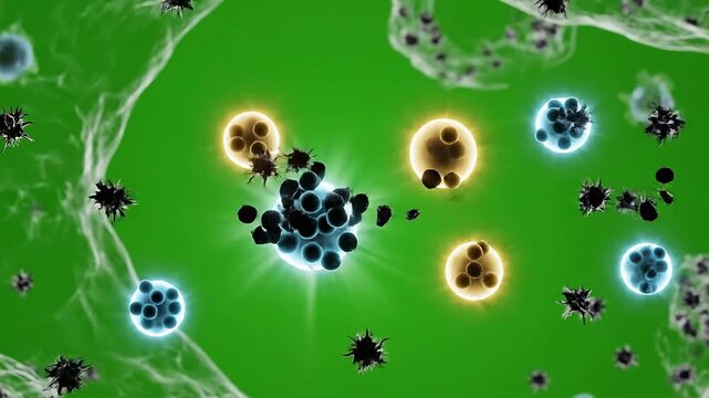 Vibrant Abstract Microscopic CGI Visualization Showcasing Antioxidant Activity and Particles on Green Background
