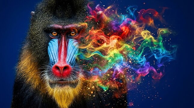 Mandrill monkey portrait with vibrant colorful smoke explosion effects.