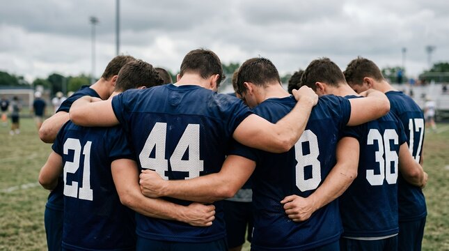 Team of young male football players huddled together on field before game