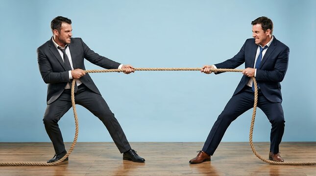 Two professional businessmen engaged in competitive tug of war on blue background