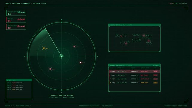 Futuristic cyber defense command radar interface and threat map