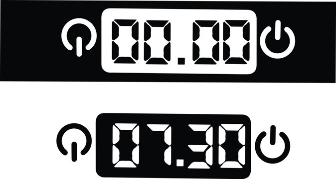 Digital Timer and Clock Display Icons with Power Buttons and LCD Screen