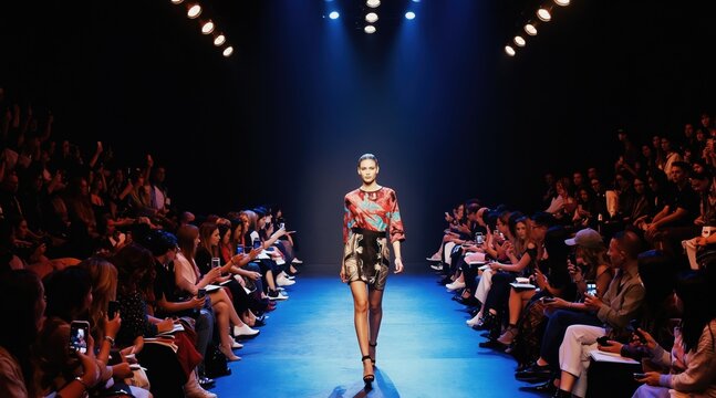 Woman walks on blue runway during fashion show with audience watching. Blue lights illuminate catwalk as model presents designer outfit. People use phones to capture event.