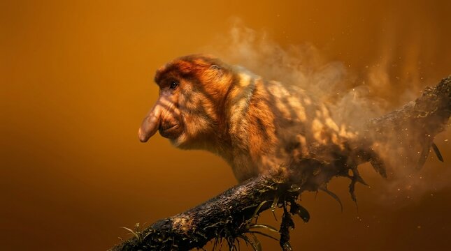 Proboscis monkey sitting on a tree branch with artistic smoke effect.