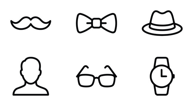 Gentleman's Accessories Icon Set, Vintage Style Moustache, Bow Tie, Fedora Hat, Eyeglasses, Wristwatch, and Male Silhouette Vector Graphics for Classic Style and Sophistication