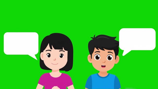 Two friendly 2D animated children, a smiling dark-haired girl and a boy, stand side-by-side against a clean green background for educational presentations.