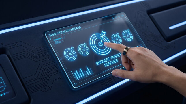 Hand Reaching Success Target on Futuristic Innovation Dashboard Screen