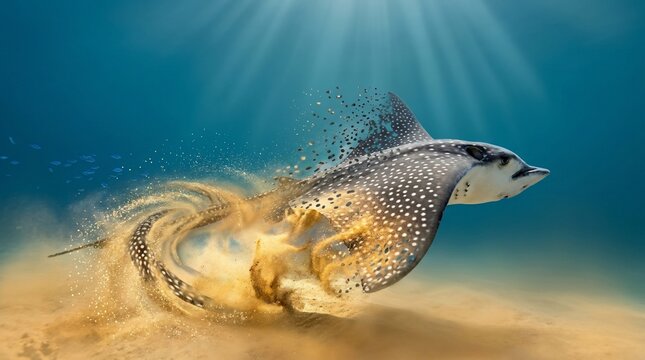 Spotted eagle ray swimming over sandy ocean floor with motion blur.