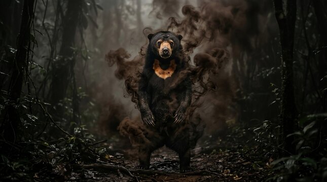Sun Bear standing in the misty tropical rainforest.