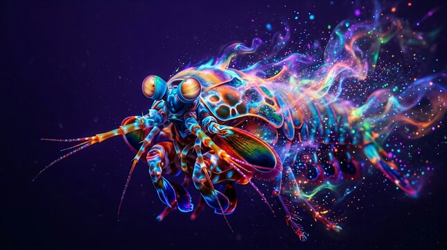 Vibrant artistic illustration of a bioluminescent mantis shrimp with ethereal colorful smoke effects.