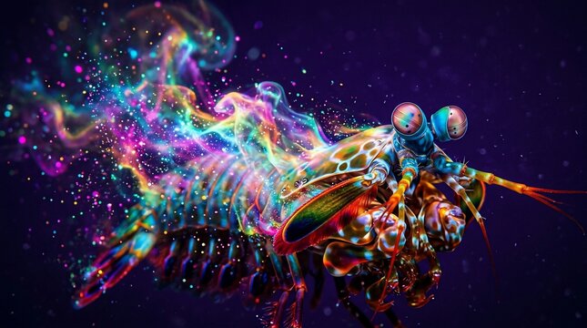 Vibrant artistic representation of a psychedelic mantis shrimp in space.