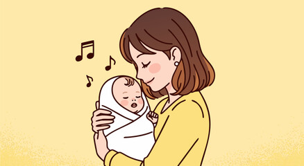 Sweet mother holding her newborn baby in a gentle embrace, a tender moment captured in a charming vector illustration with musical notes © Purnomo