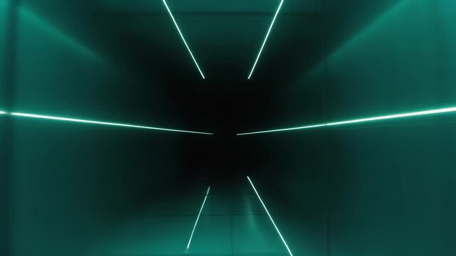 Futuristic abstract tunnel of glowing neon grid lines forming a geometric corridor, drawing into deep perspective with vibrant turquoise light and luminous cybernetic depth