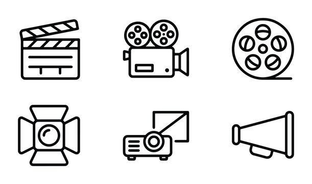 Cinematic Icons Set: Film Camera, Projector, Spotlight, Megaphone, Clapperboard, Film Reel Vector Graphics