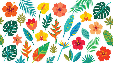 Fototapeta premium Vibrant tropical flowers and leaves arrangement on white background with colorful blooms and foliage