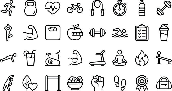 Fitness and wellness line icons set health exercise and lifestyle