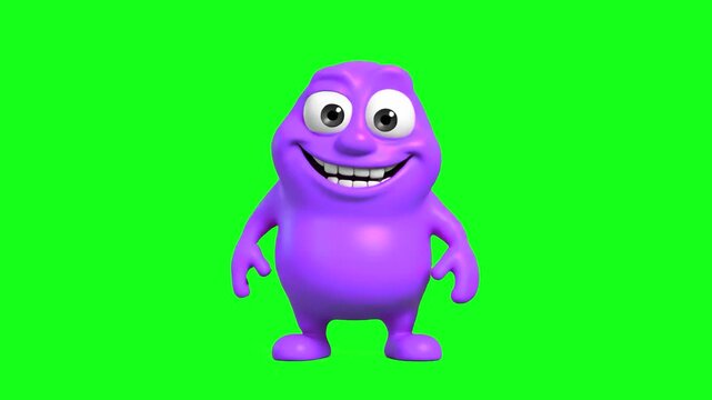 A funny, friendly 3D animated purple monster character with a happy facial expression is shown standing still. The sequence is isolated on a solid chroma key green screen for flexible editing.