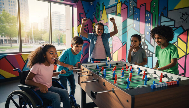 Diverse children enjoying inclusive table football game in vibrant youth community center highlighting accessibility teamwork and belonging