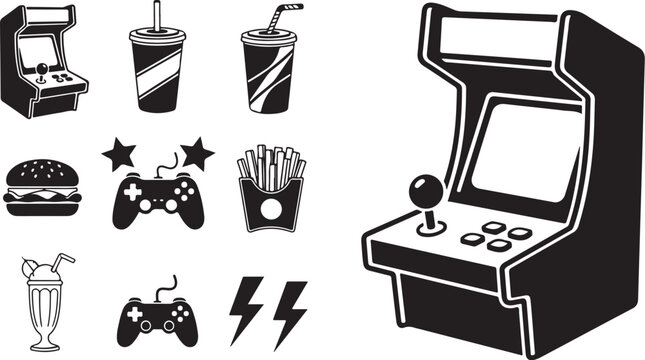 Retro arcade games and snacks icons set