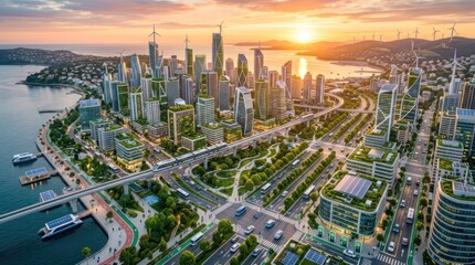 Fototapeta premium A stunning aerial view showcases a futuristic, sustainable city at sunrise. The cityscape is dominated by towering skyscrapers and wind turbines,